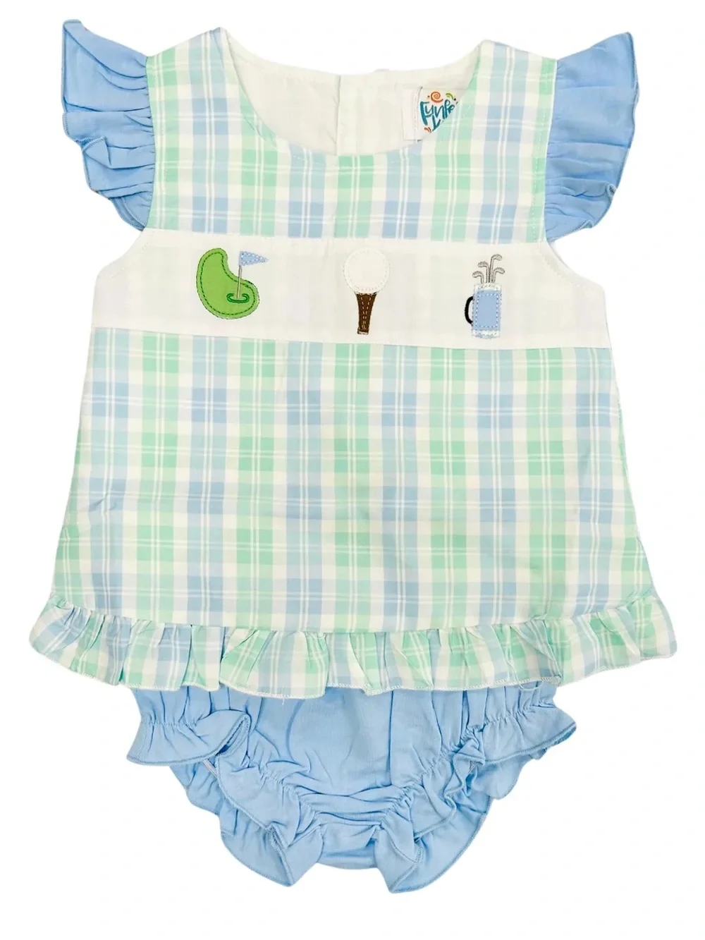 Golf applique embroidered ruffle gingham top dress baby toddler girl set bloomer